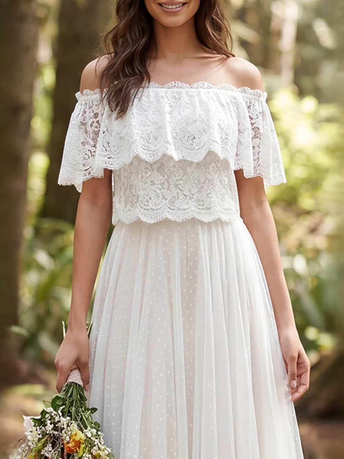 Ivory floor-length wedding dress, alternate view showing the dress shape and hem
