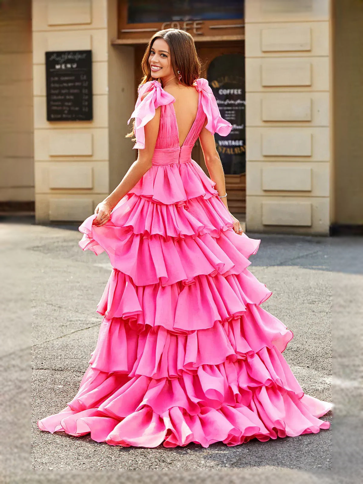 Fuchsia floor-length prom dress, alternate view showing the dress shape and hem