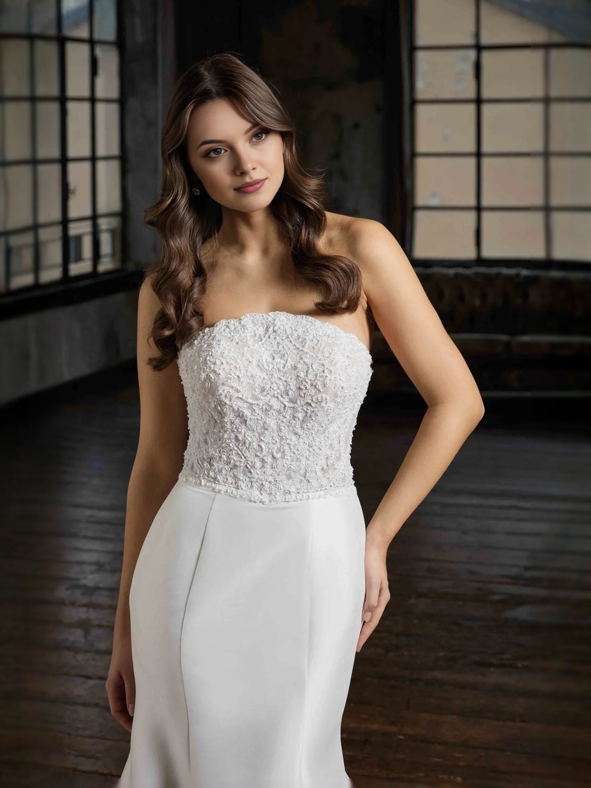 Ivory floor-length wedding dress, alternate view showing the dress shape and hem