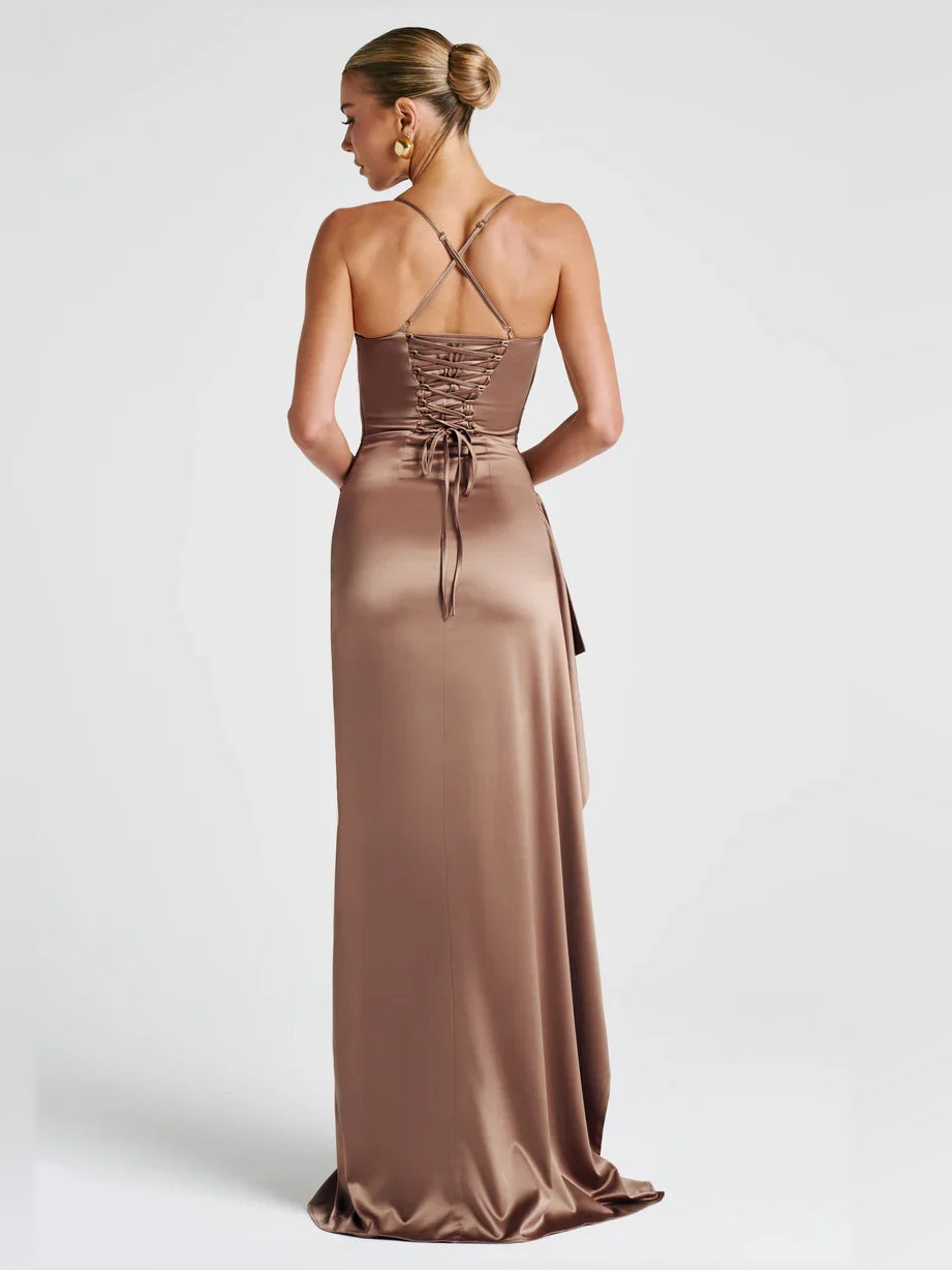 Taupe sheath floor-length formal dress with skirt slit, alternate view