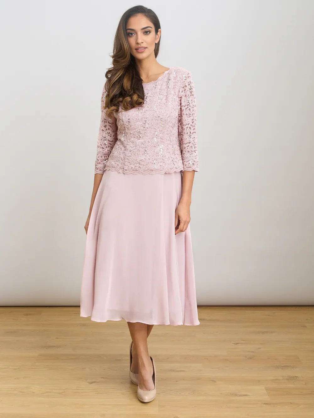 Dusty Pink midi mother of the bride dress, alternate view showing the dress shape and hem