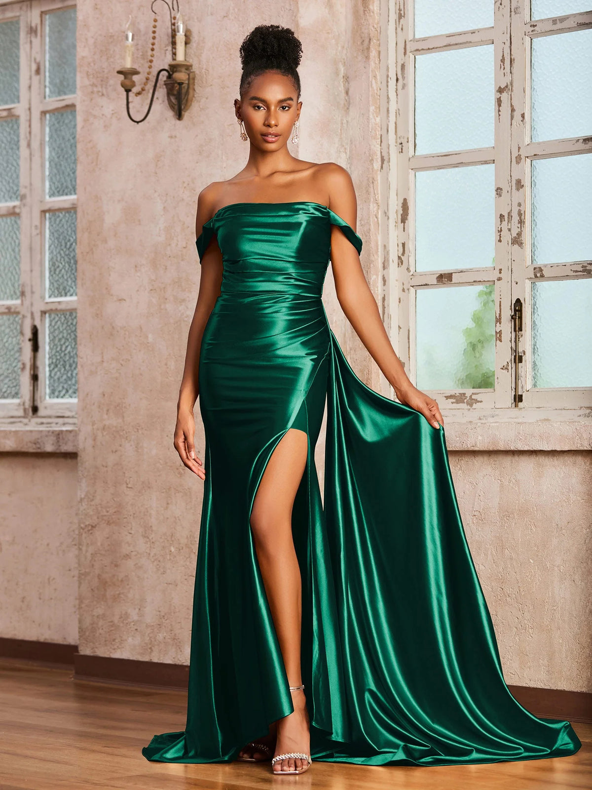 Dark Green mermaid floor-length formal dress with draping, alternate view