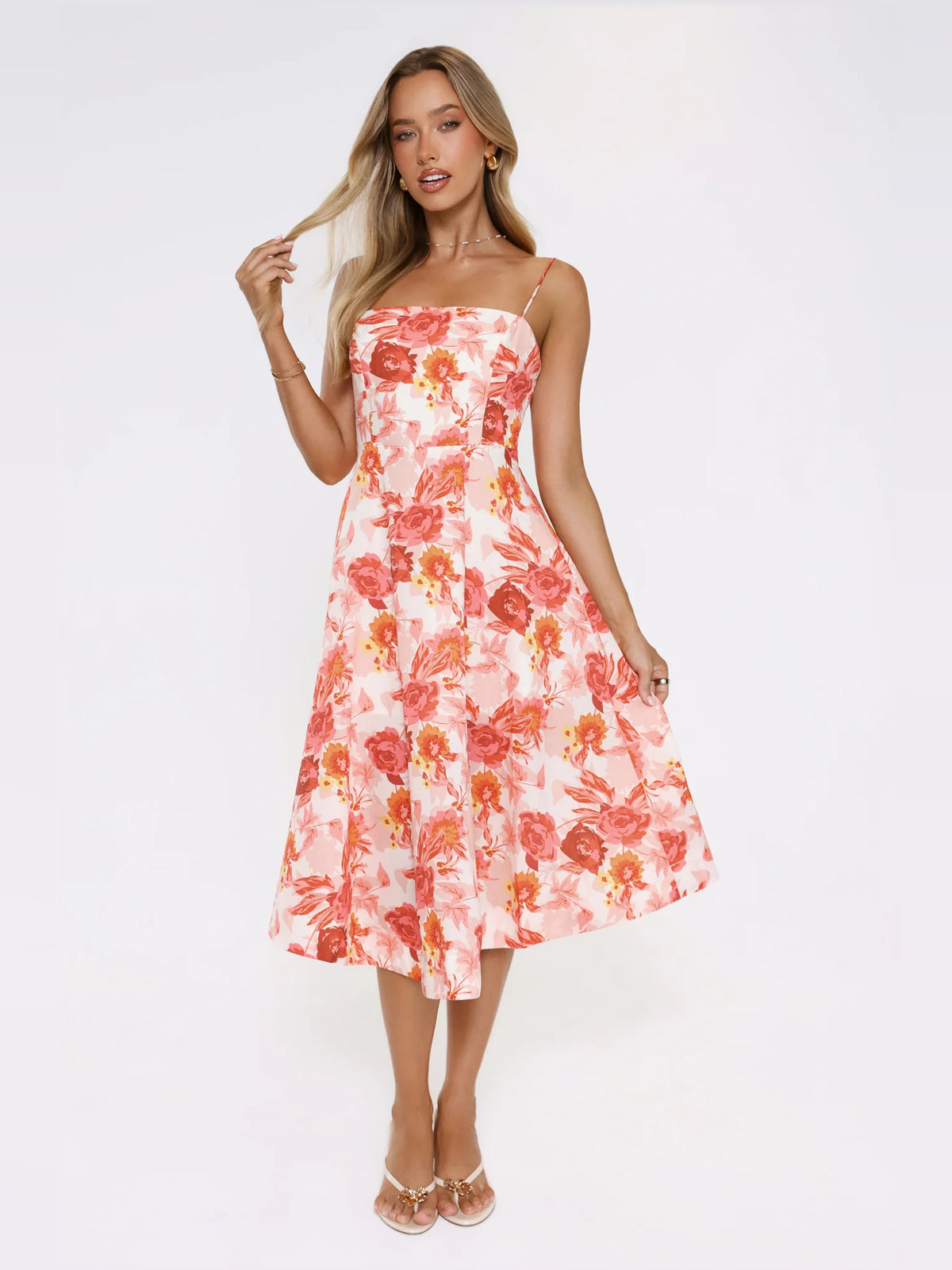 Orange midi formal dress, alternate view showing the bodice