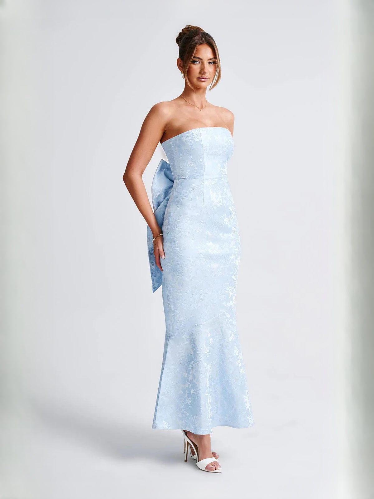Blue maxi prom dress, alternate view showing the dress shape and hem