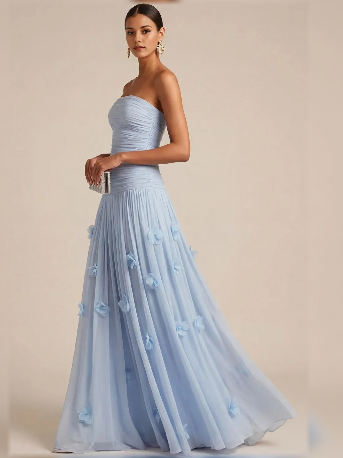 Light Blue a-line floor-length formal dress with ruching, alternate view