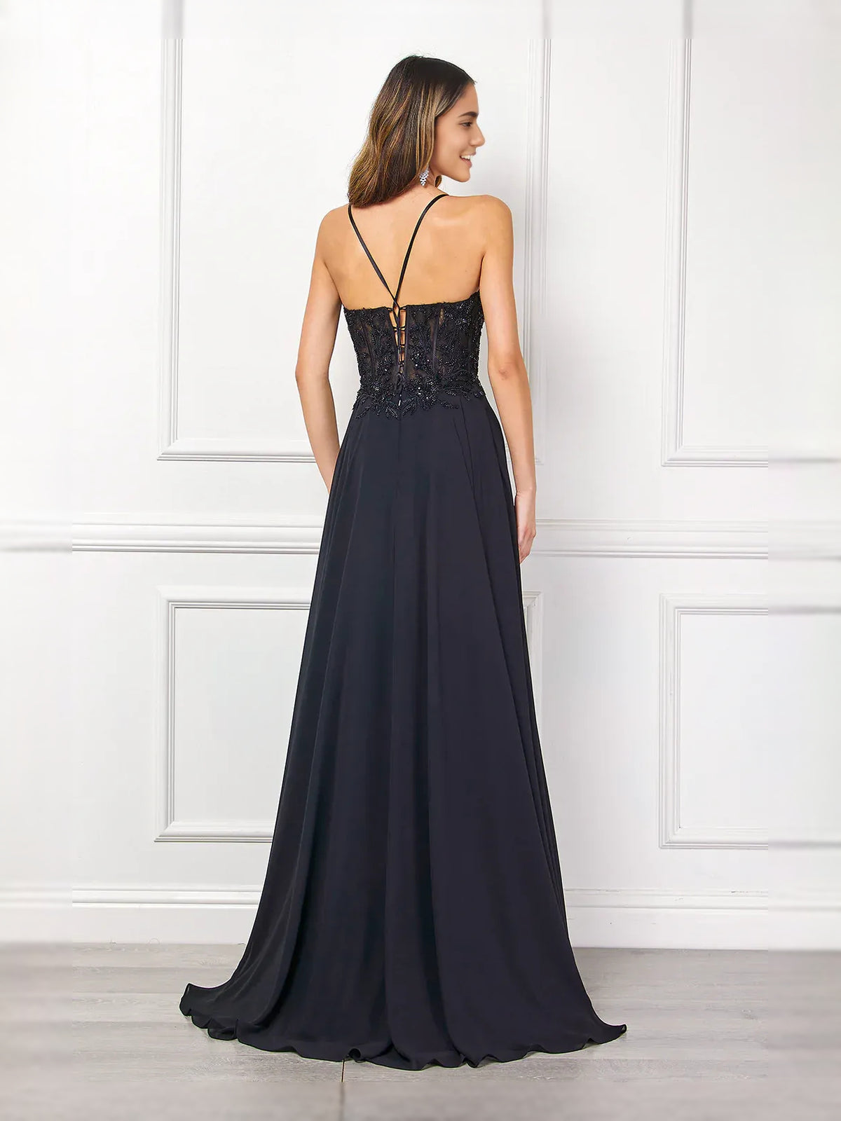 Black floor-length prom dress, alternate view showing the dress shape and hem