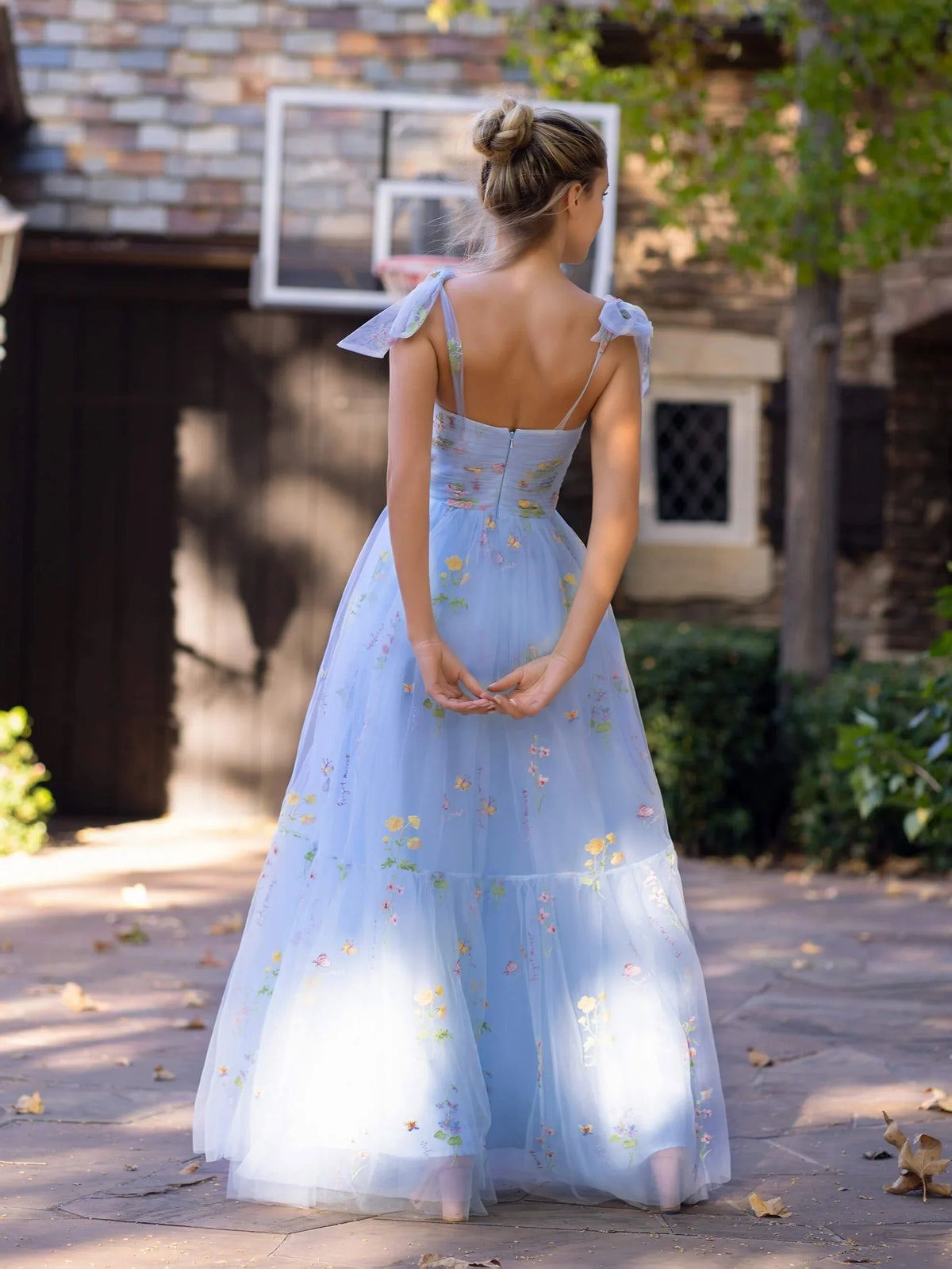 Light Blue maxi prom dress, alternate view showing the dress shape and hem