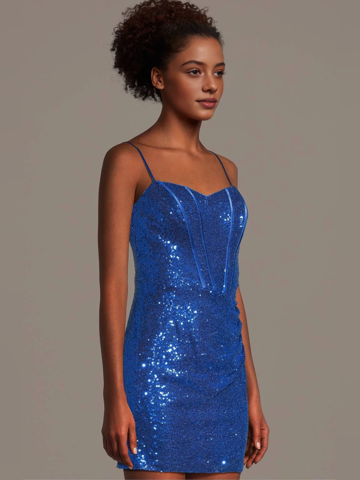 Royal Blue mini homecoming dress, alternate view showing the dress shape and hem