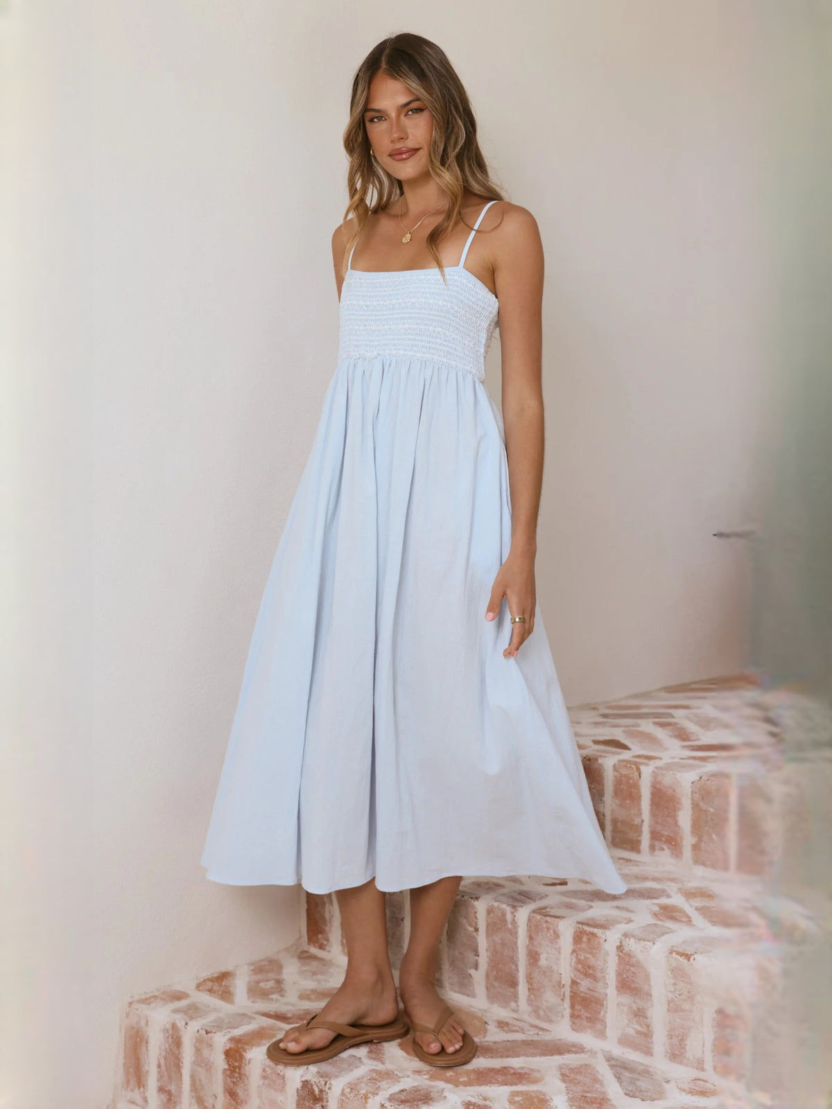 Blue midi formal dress, alternate view showing the bodice