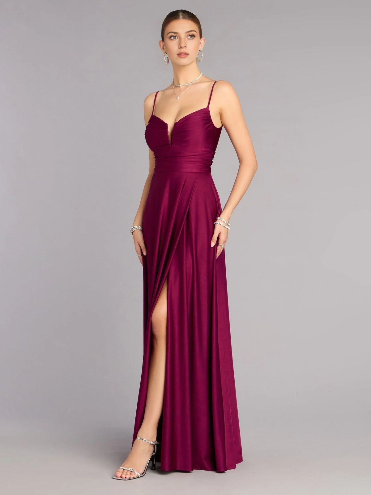 Burgundy maxi prom dress, alternate view showing the dress shape and hem