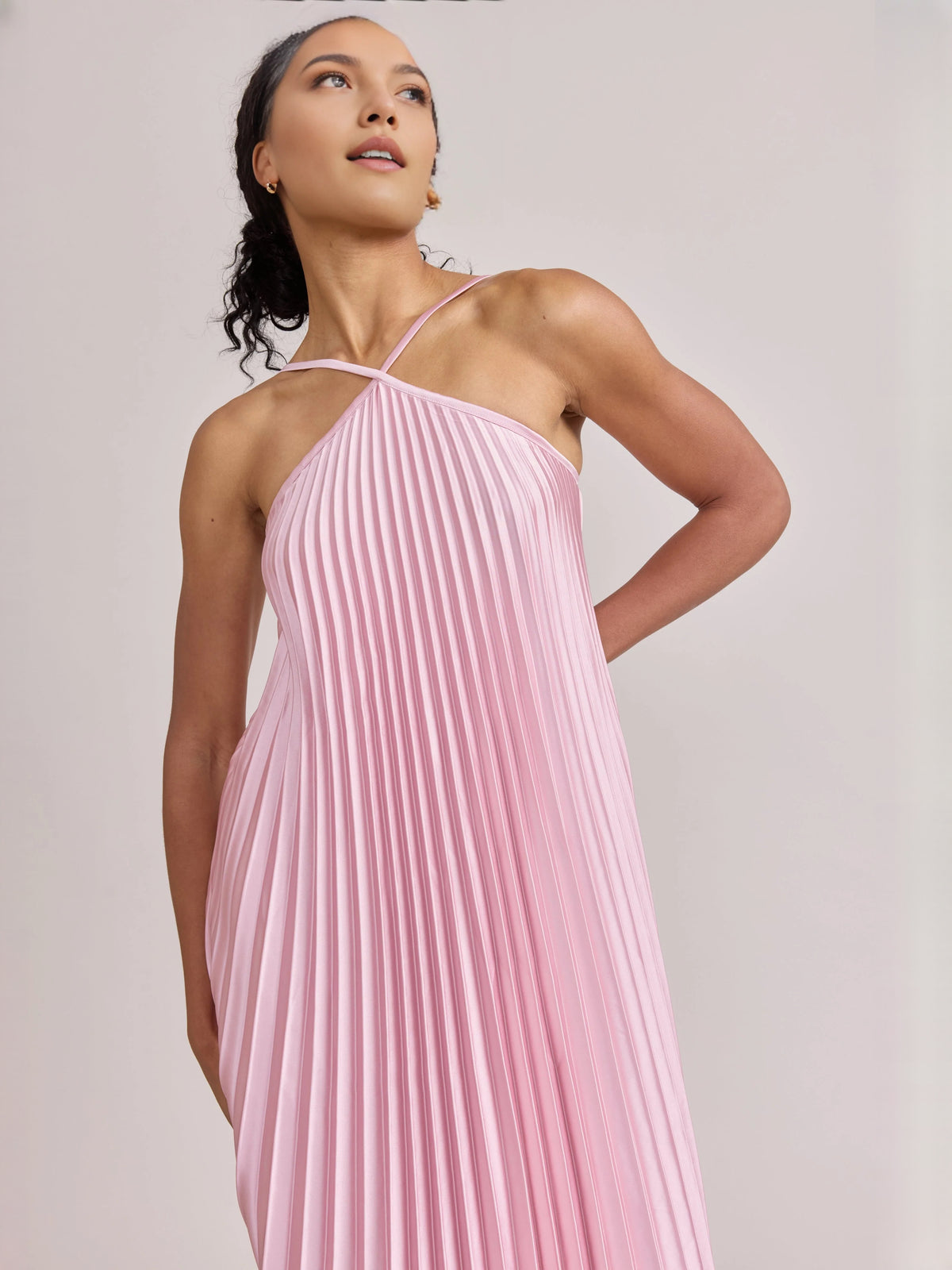 Pink midi bridesmaid dress, alternate view showing the dress shape and hem