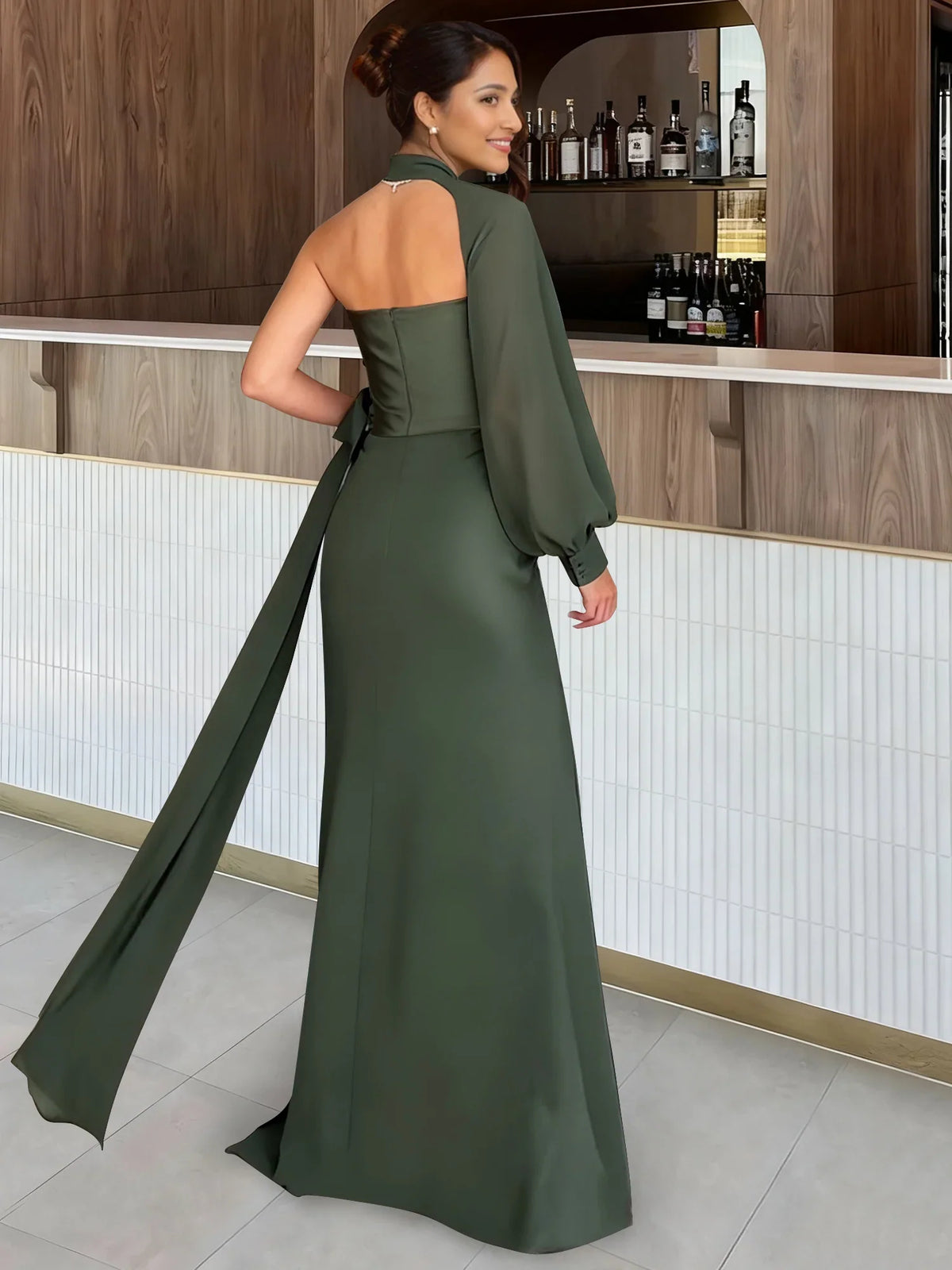 Olive Green sheath floor-length formal dress with skirt slit, alternate view showing the bodice