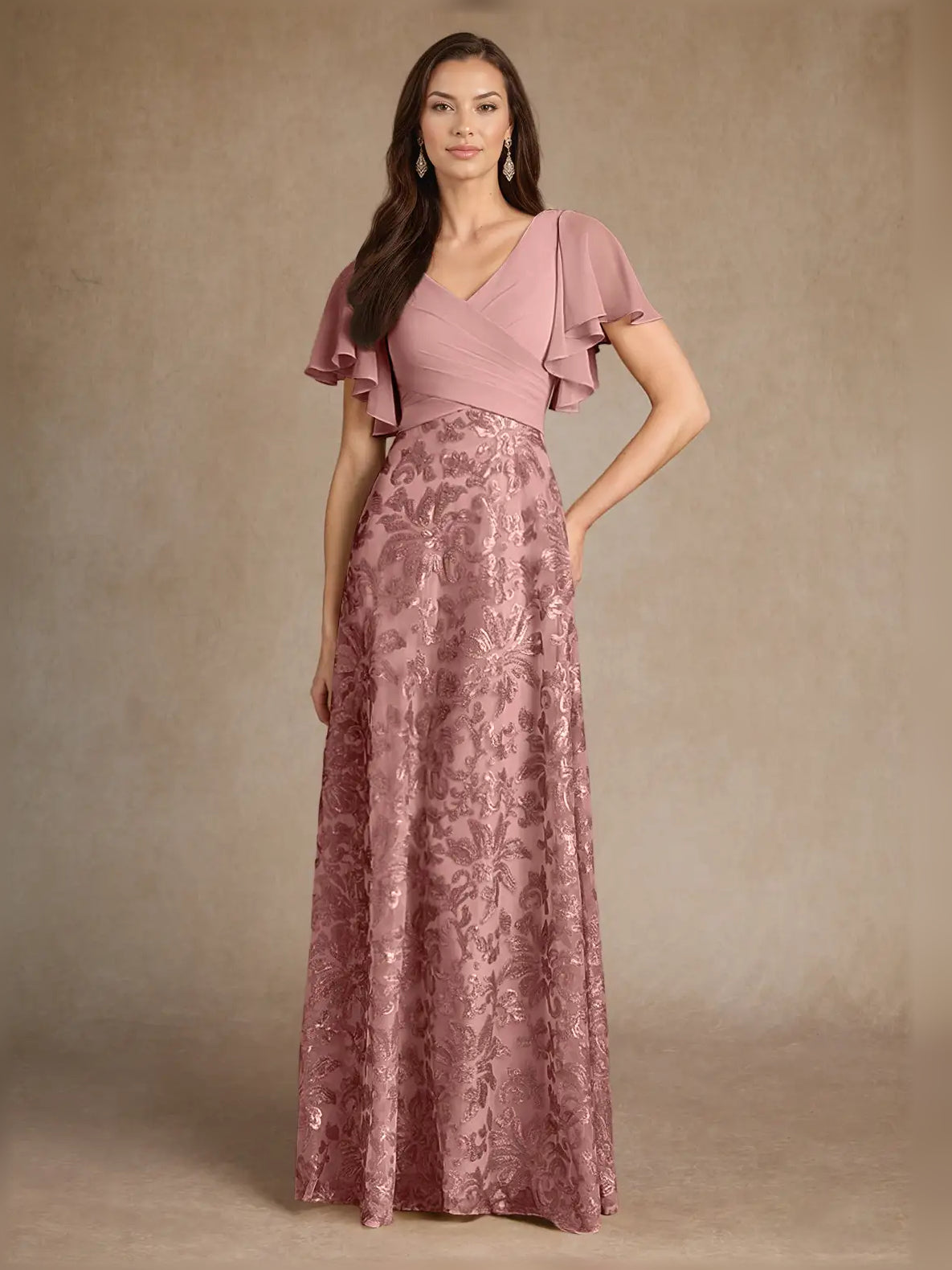 Dusty Rose maxi mother of the bride dress, alternate view showing the dress shape and hem