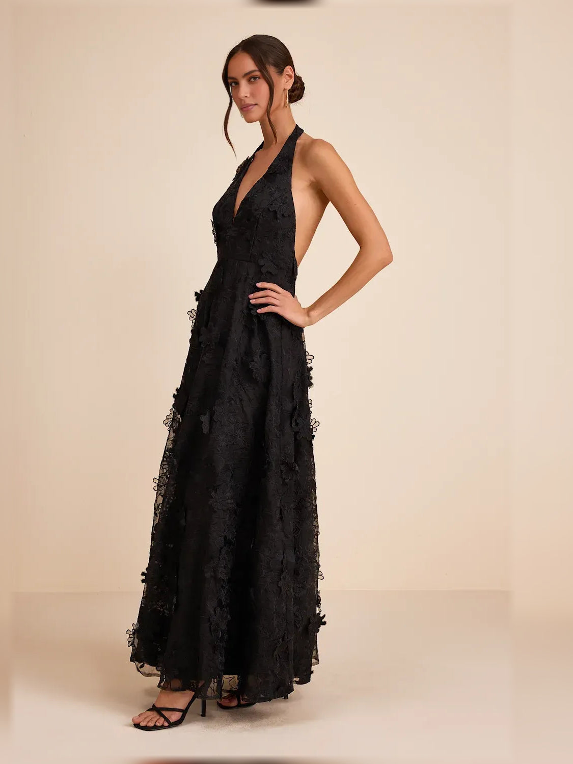 Black a-line maxi formal dress with floral print, alternate view