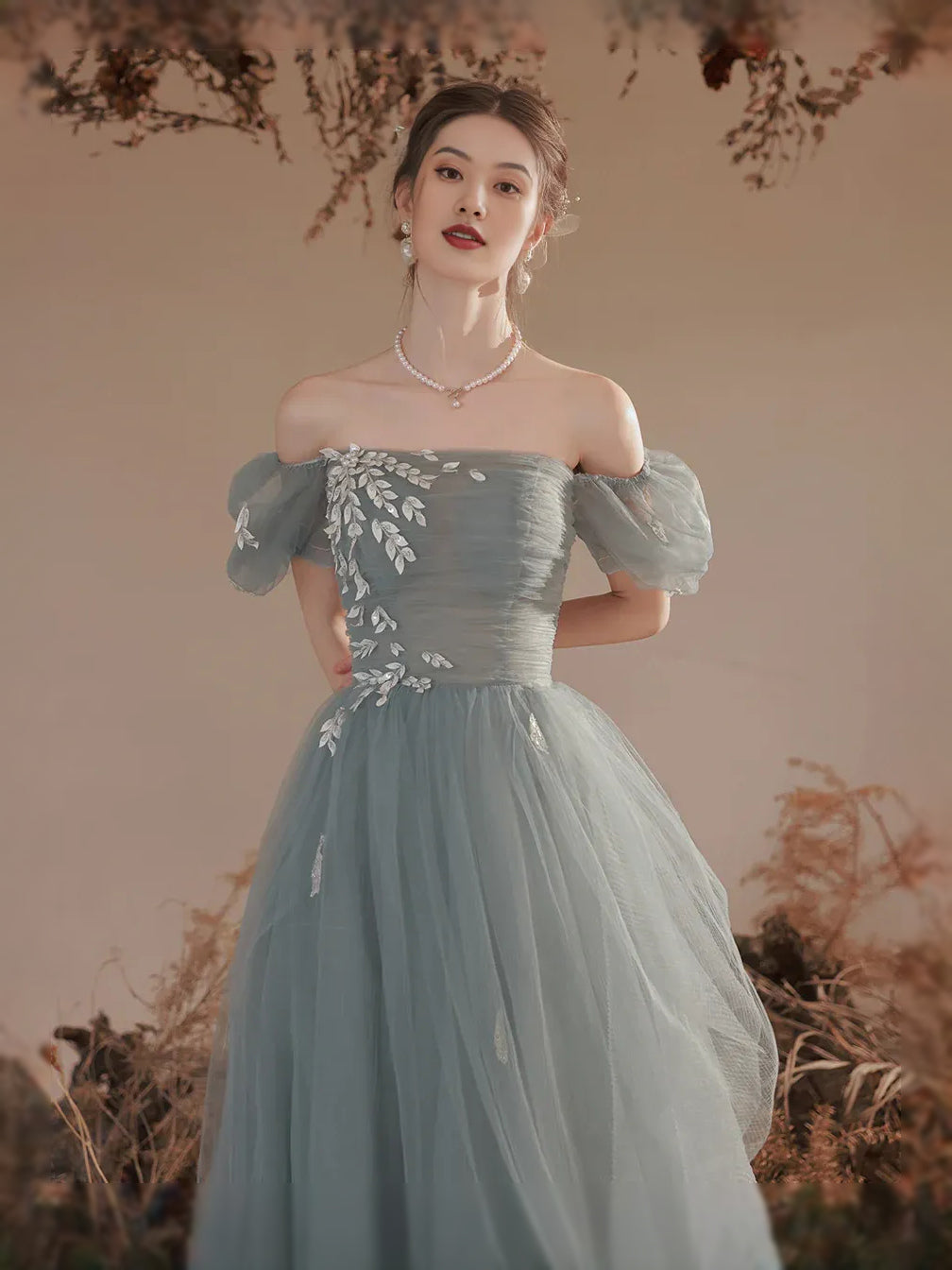 Mist Blue maxi prom dress, alternate view showing the dress shape and hem