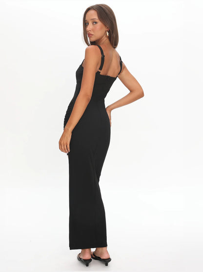 Black midi formal dress with ruching, alternate view showing the bodice
