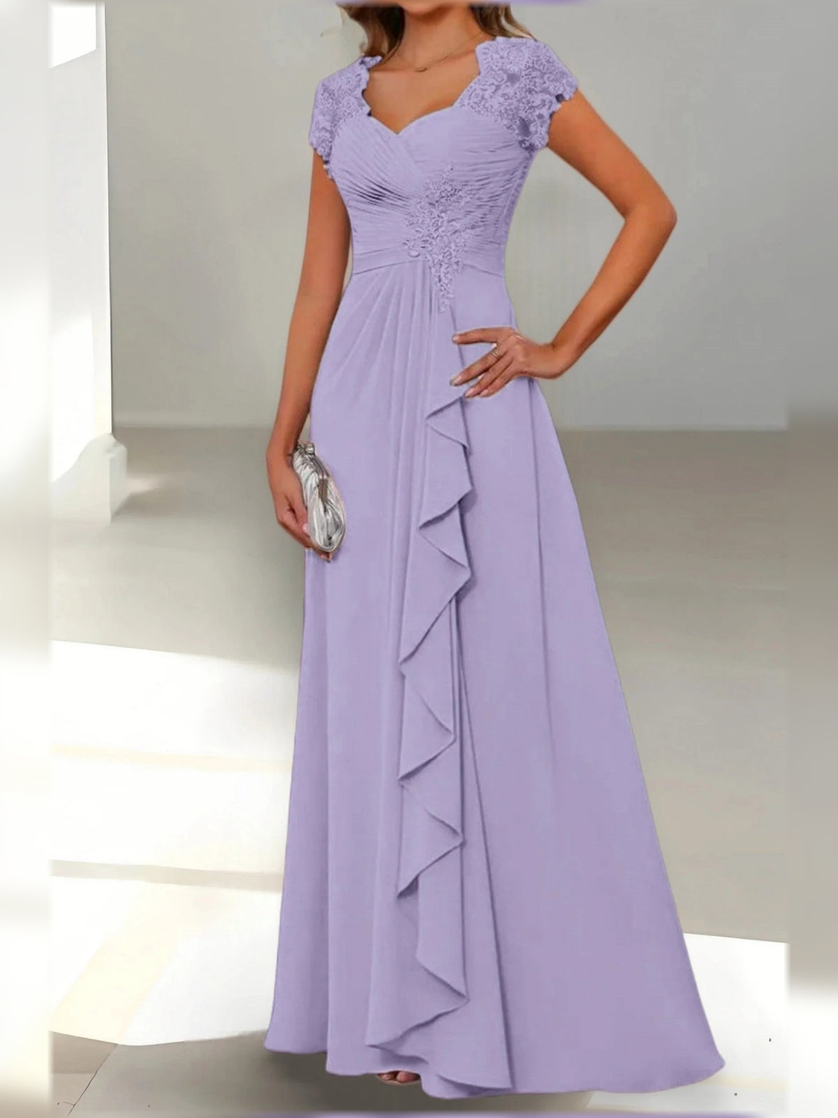 Lilac floor-length mother of the bride dress, alternate view showing the dress shape and hem