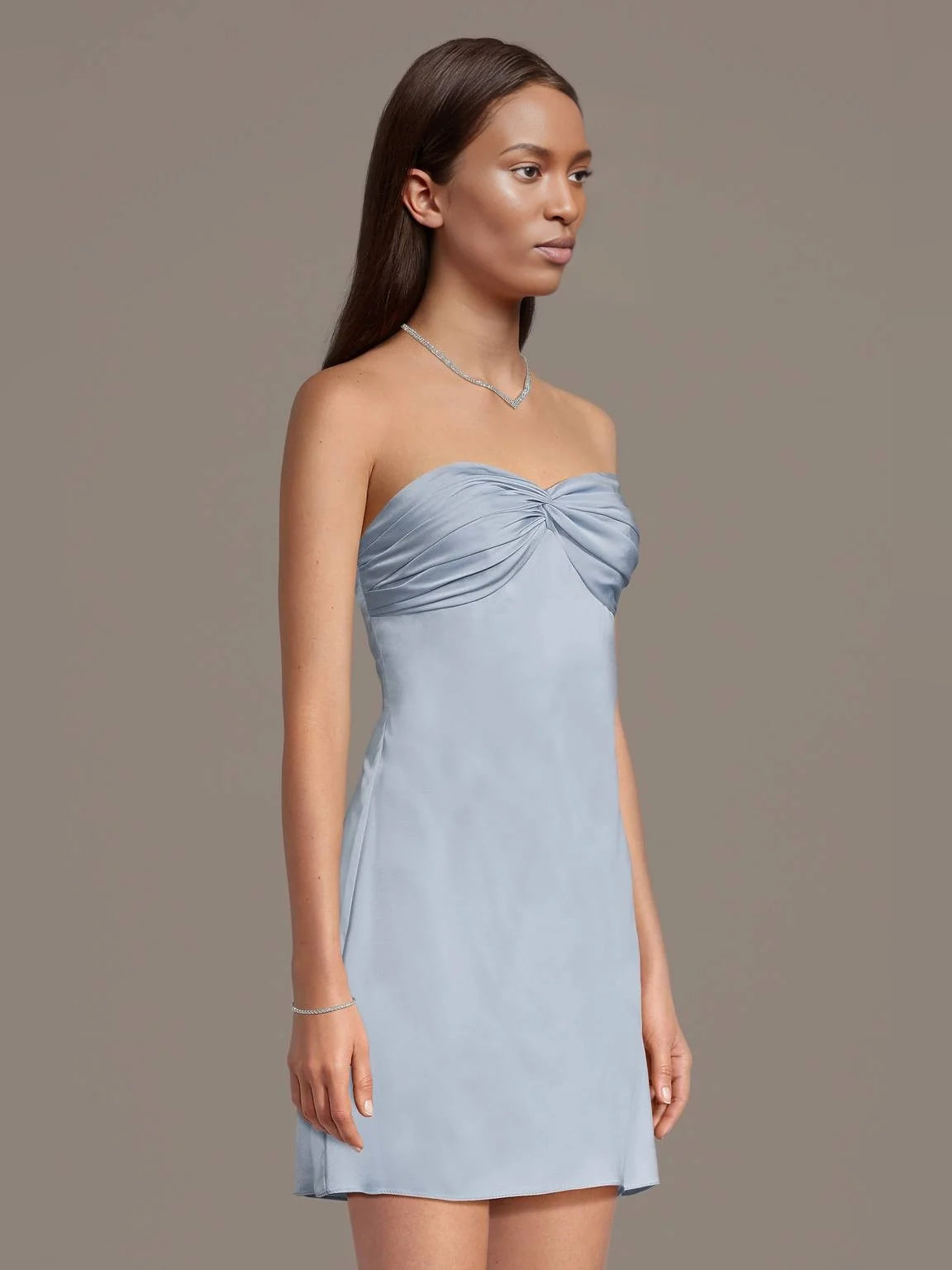 Blue mini homecoming dress, alternate view showing the dress shape and hem