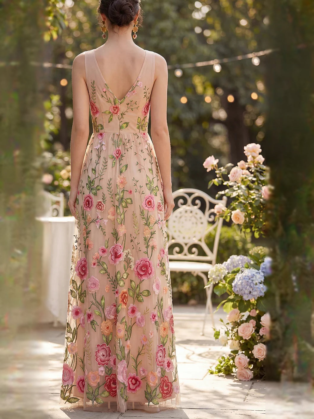 Floral maxi bridesmaid dress, alternate view showing the dress shape and hem
