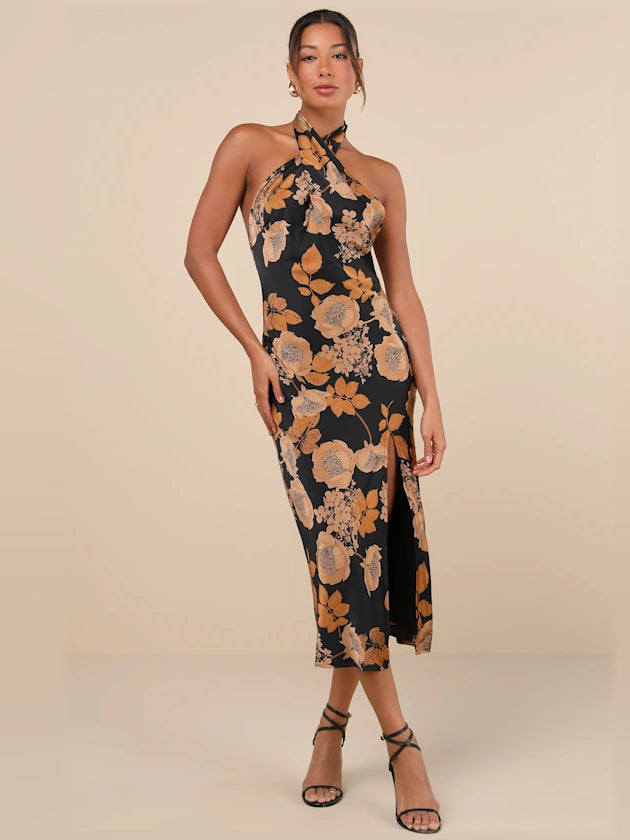 Black Floral midi formal dress with floral print, alternate view showing the bodice