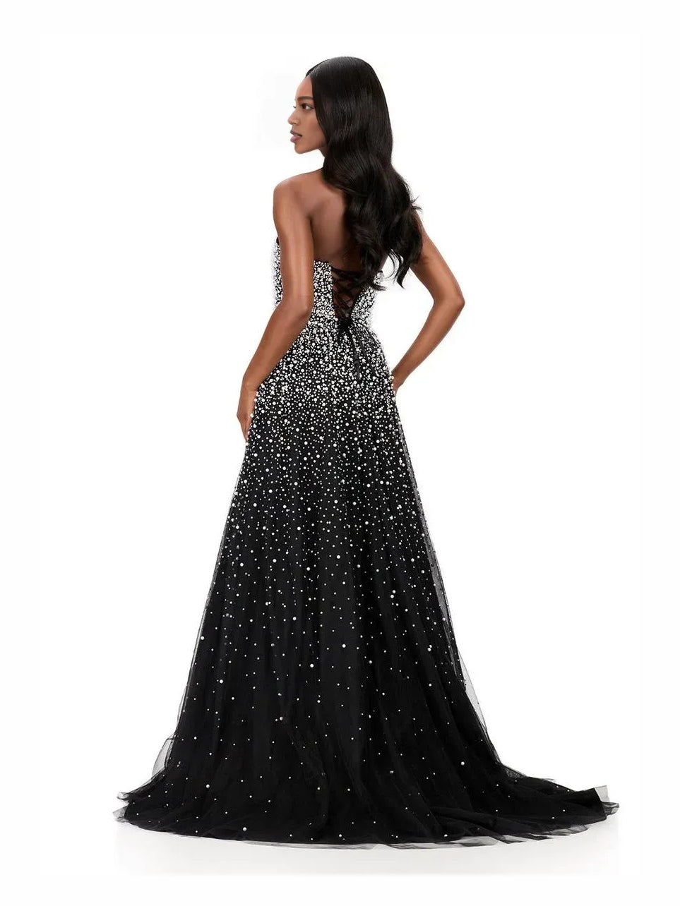 Black floor-length prom dress, alternate view showing the dress shape and hem