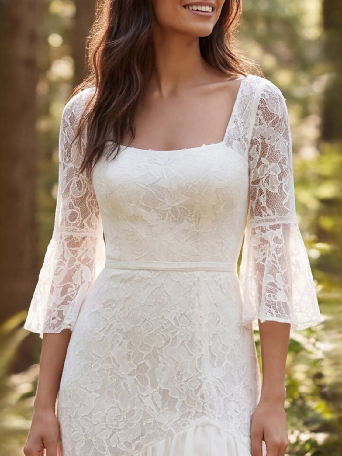 Ivory floor-length wedding dress, alternate view showing the dress shape and hem