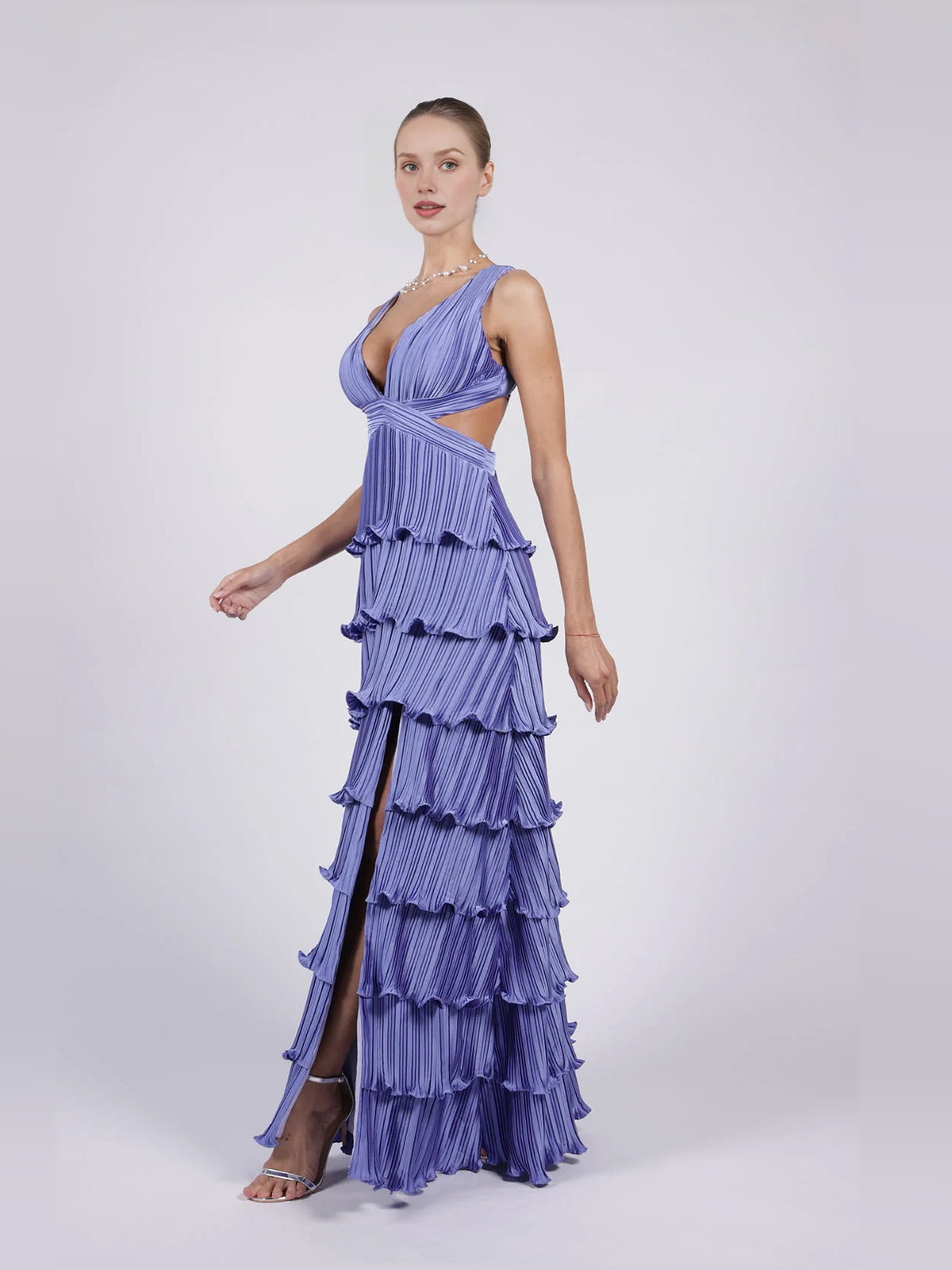 Purple a-line floor-length formal dress with ruffle details, alternate view