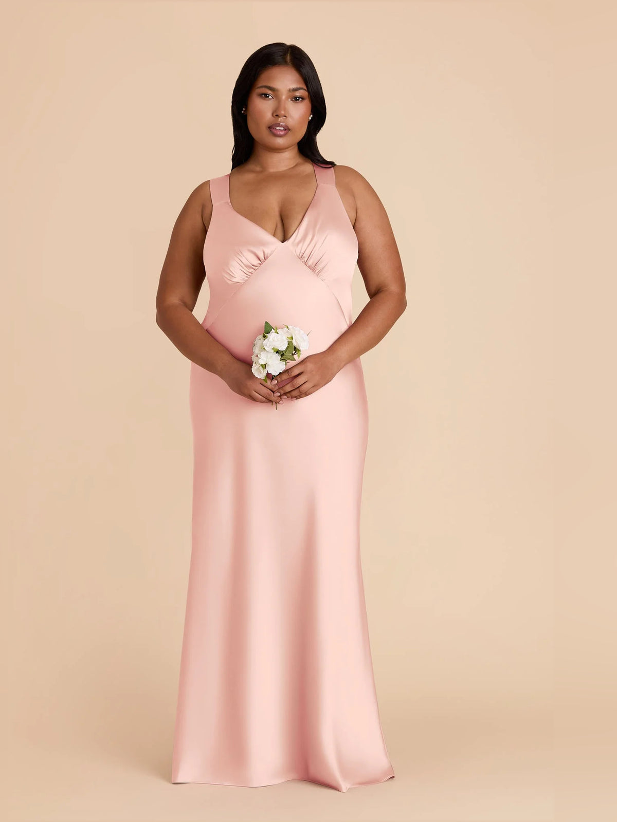 Blush Pink maxi bridesmaid dress, alternate view showing the dress shape and hem