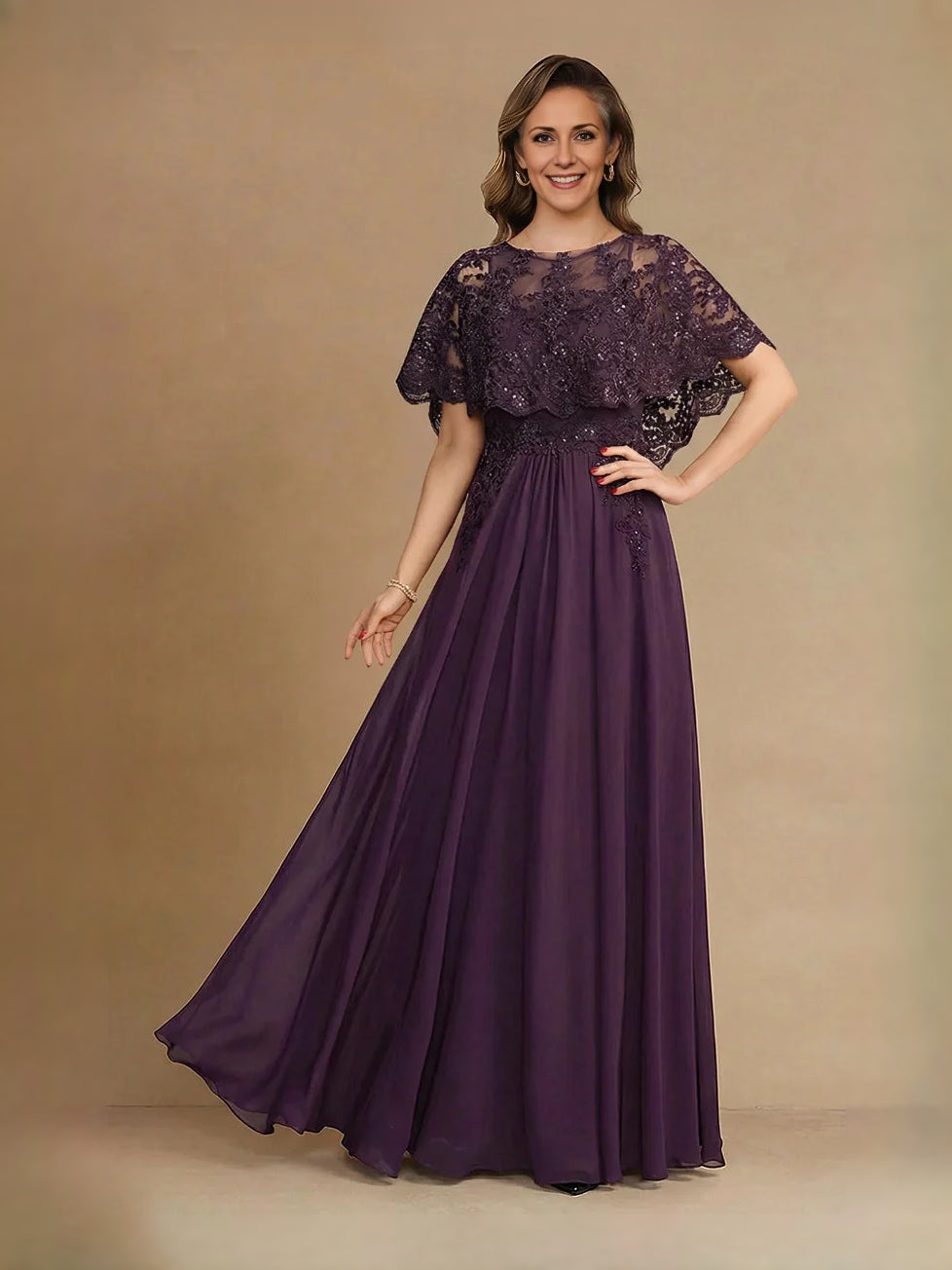 Deep Purple floor-length mother of the bride dress, alternate view showing the dress shape and hem
