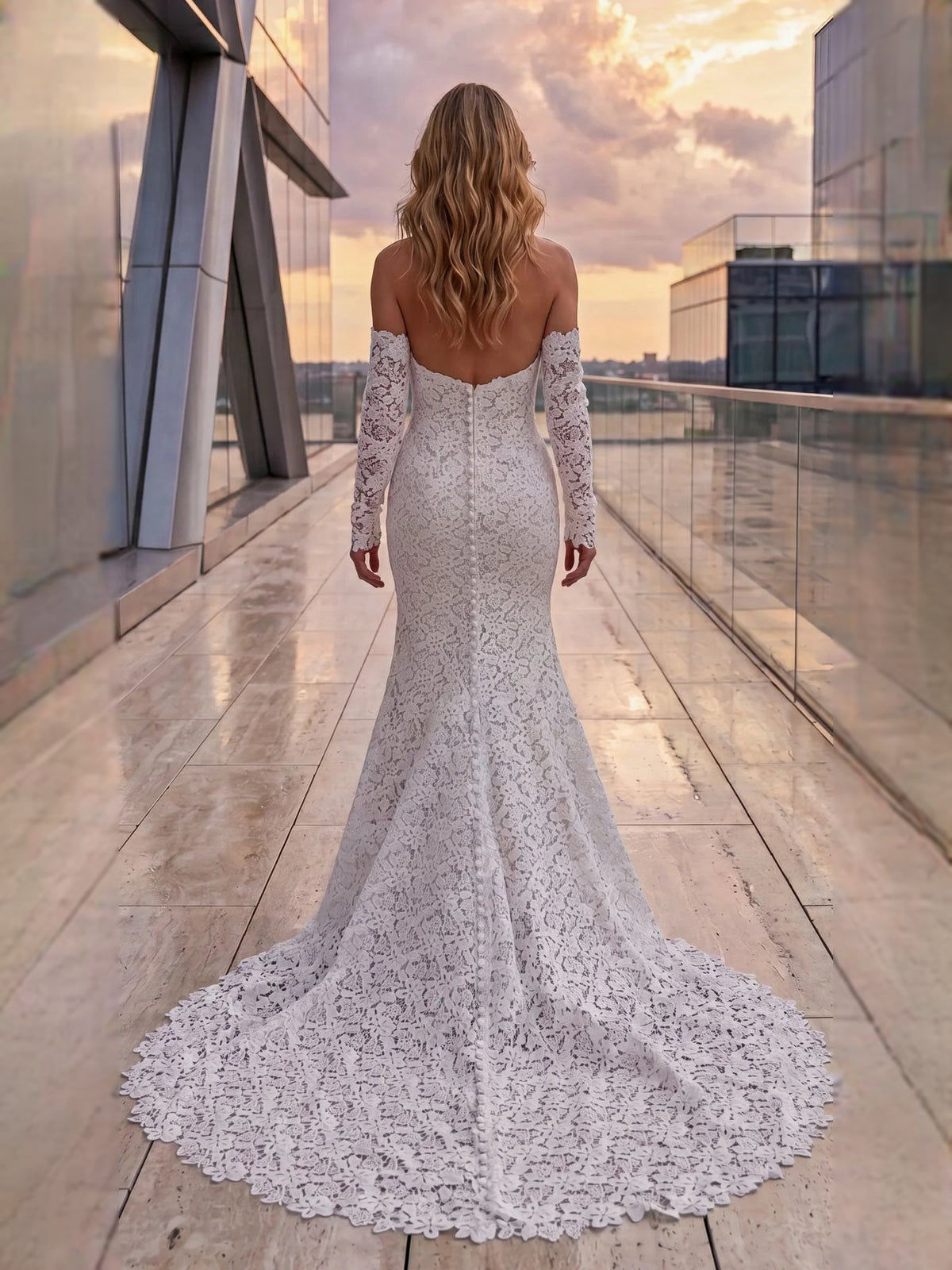 Ivory floor-length wedding dress, alternate view showing the dress shape and hem