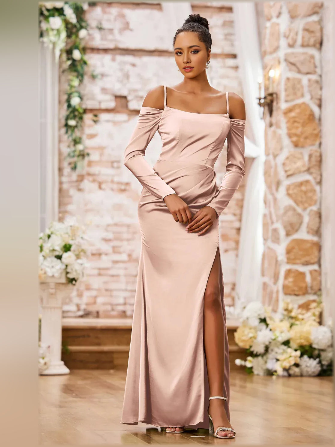 Blush Pink mermaid floor-length formal dress with ruching, alternate view
