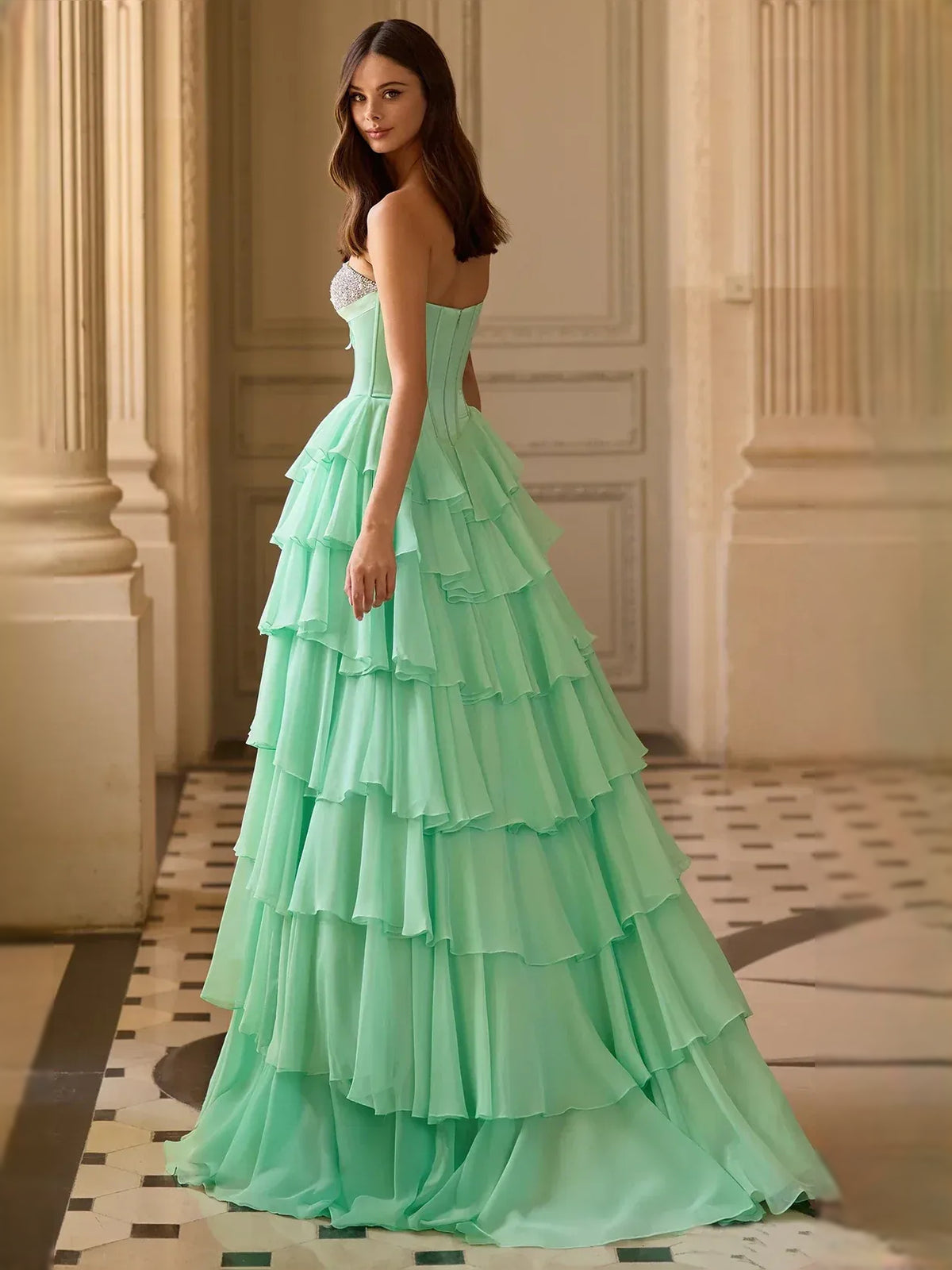 Mint Green maxi prom dress, alternate view showing the dress shape and hem