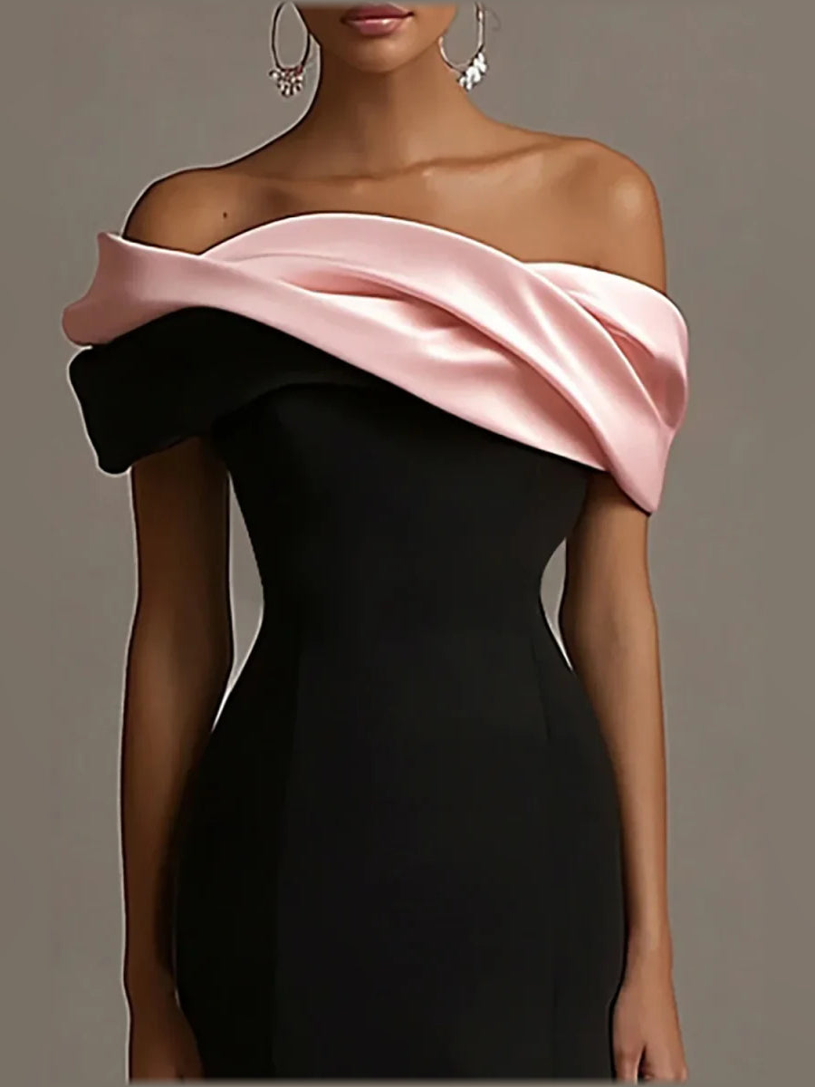 Black mermaid floor-length formal dress with draping, alternate view