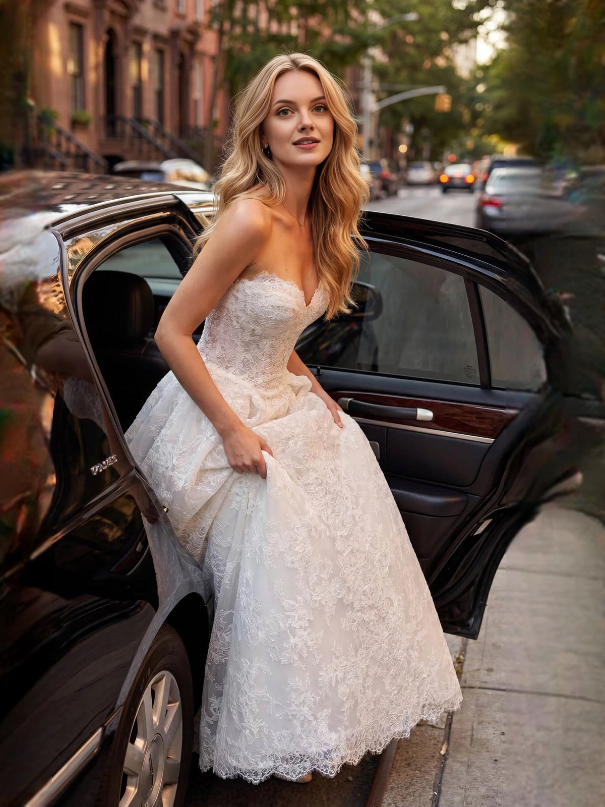 Ivory floor-length wedding dress, alternate view showing the dress shape and hem