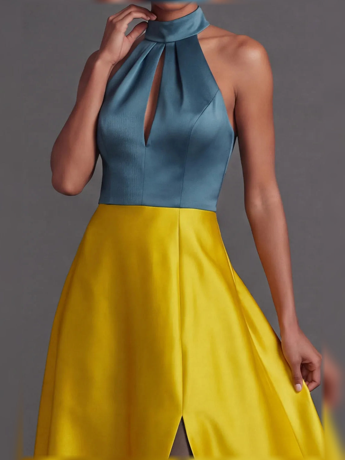 Yellow a-line floor-length formal dress with skirt slit, alternate view