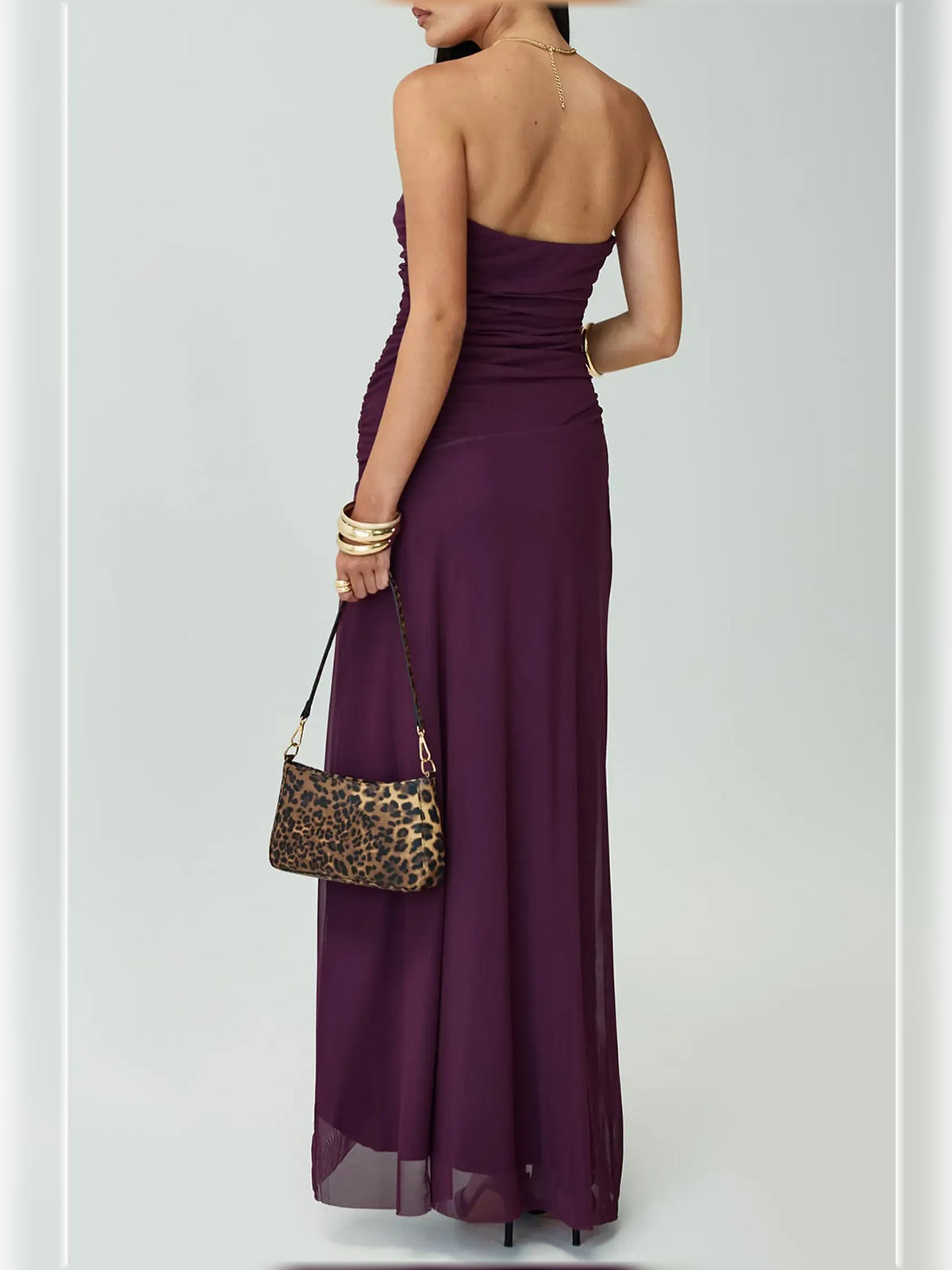 Purple bodycon floor-length formal dress with draping, alternate view