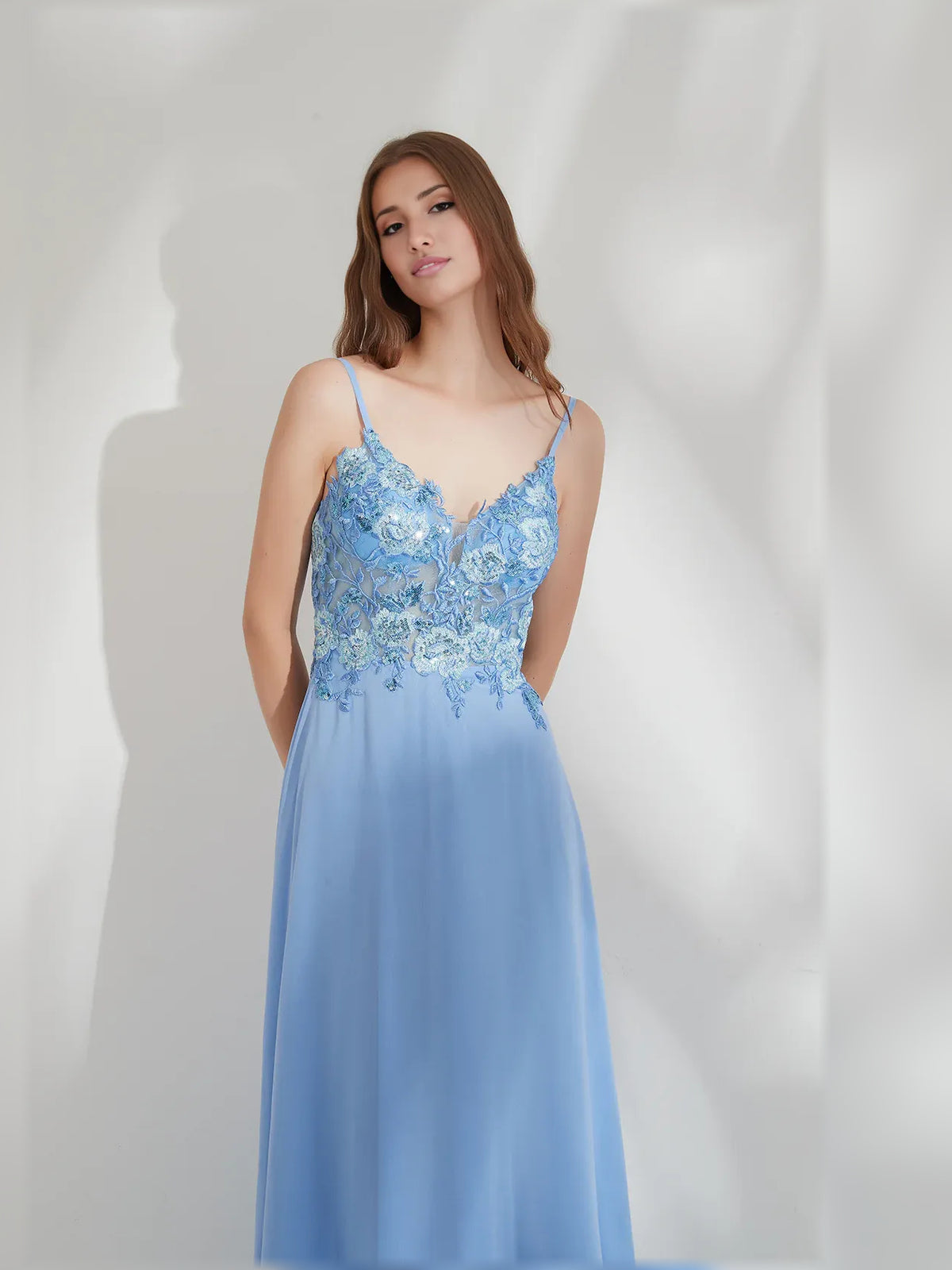 Blue a-line floor-length formal dress with floral print, alternate view