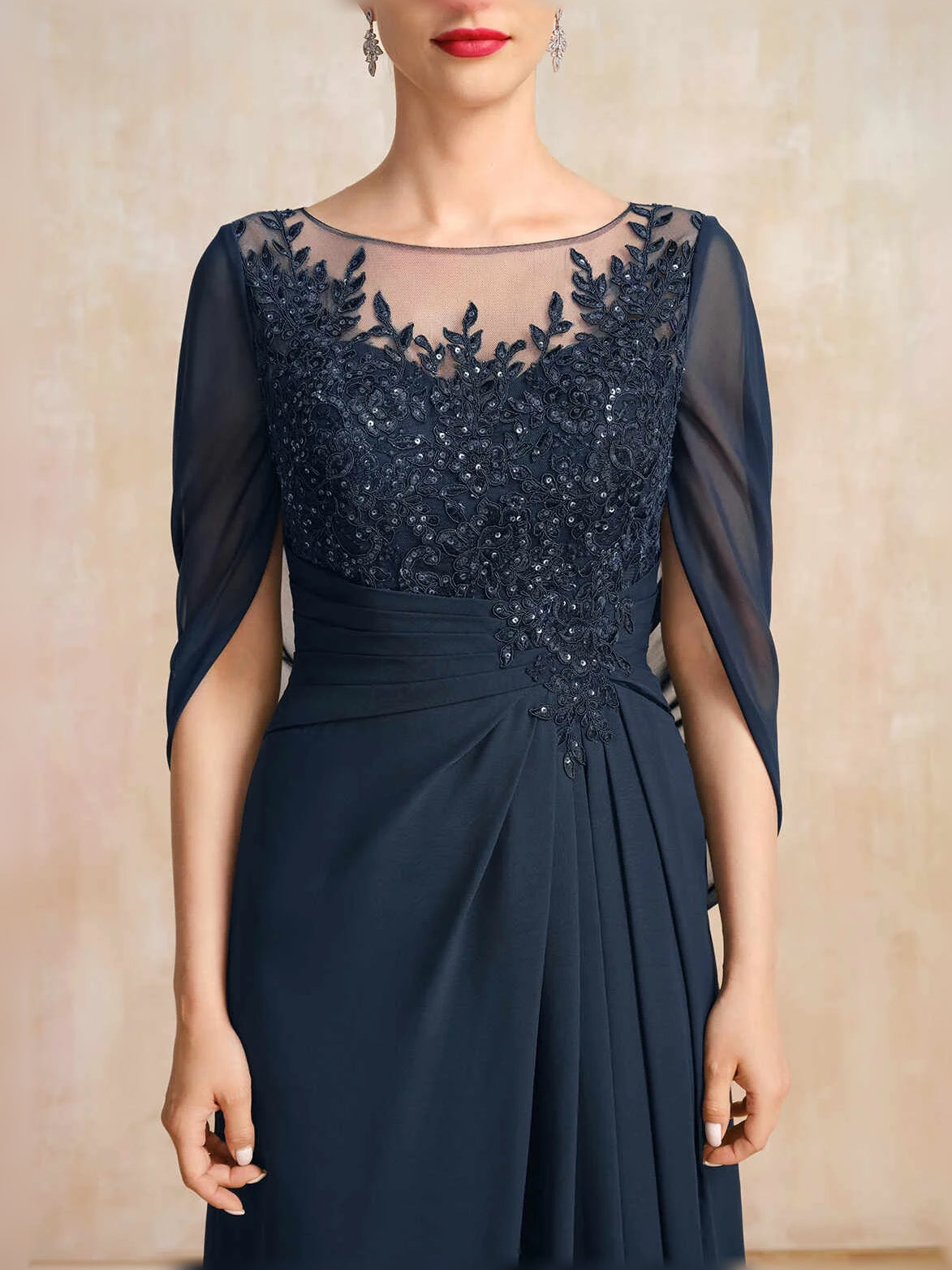 Dark Blue floor-length mother of the bride dress, alternate view showing the dress shape and hem