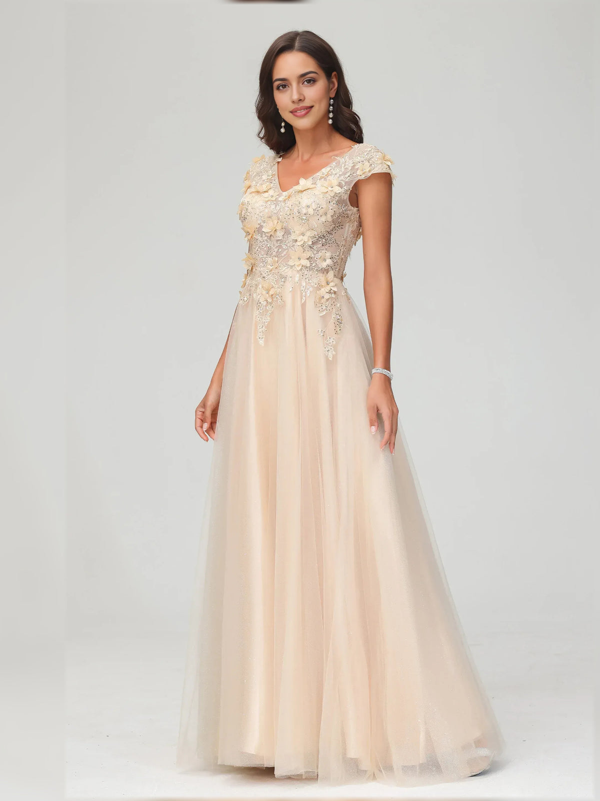 Champagne a-line floor-length formal dress with embroidery, alternate view