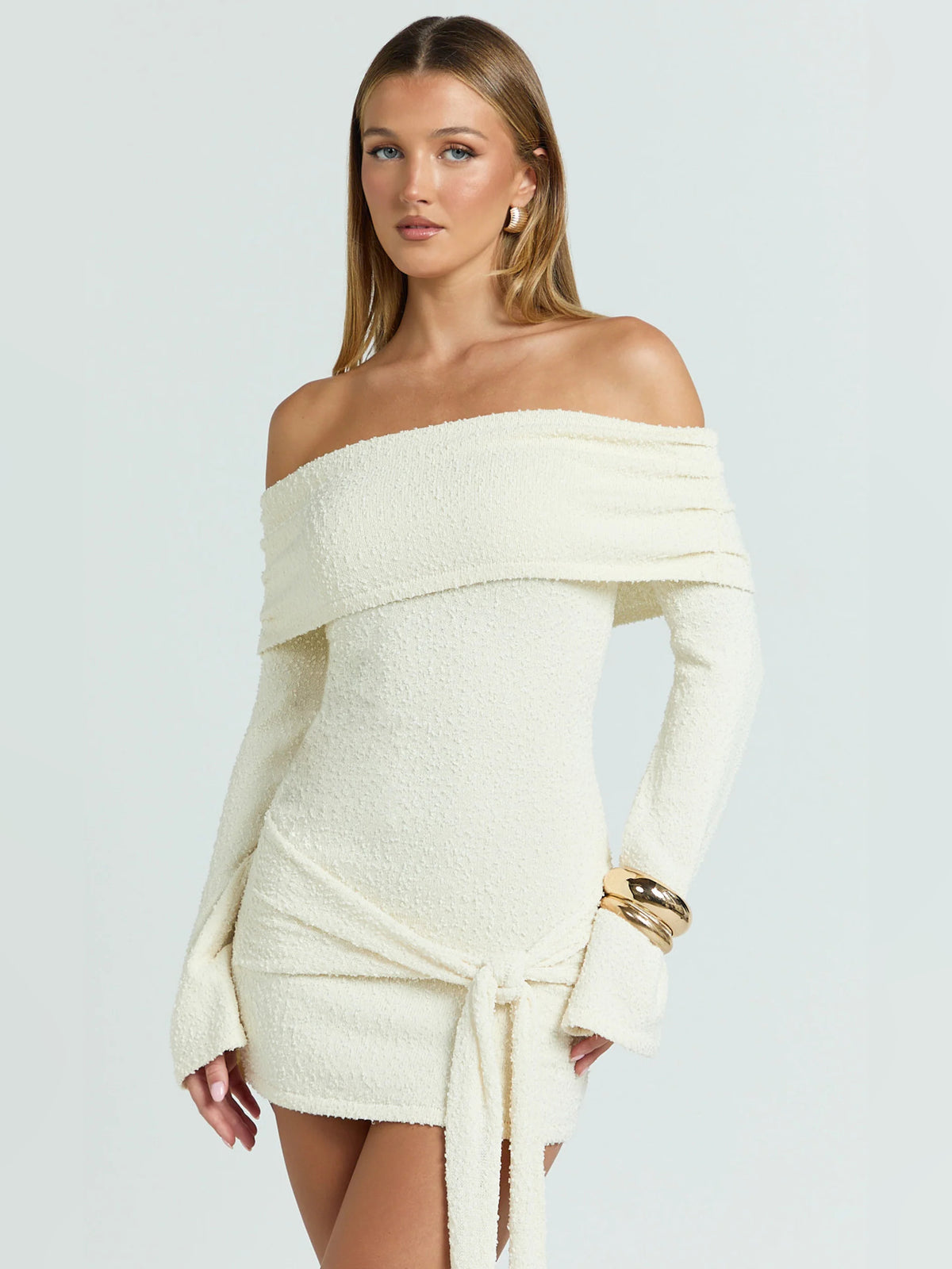 Cream mini homecoming dress, alternate view showing the dress shape and hem