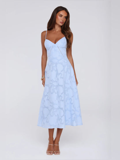 Blue midi formal dress, alternate view showing the bodice