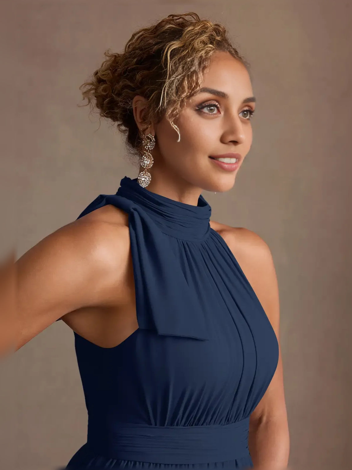 Navy Blue a-line floor-length formal dress with ruching, alternate view