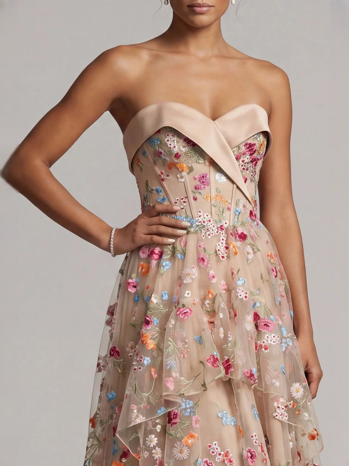Rose Gold high-low prom dress, alternate view showing the dress shape and hem