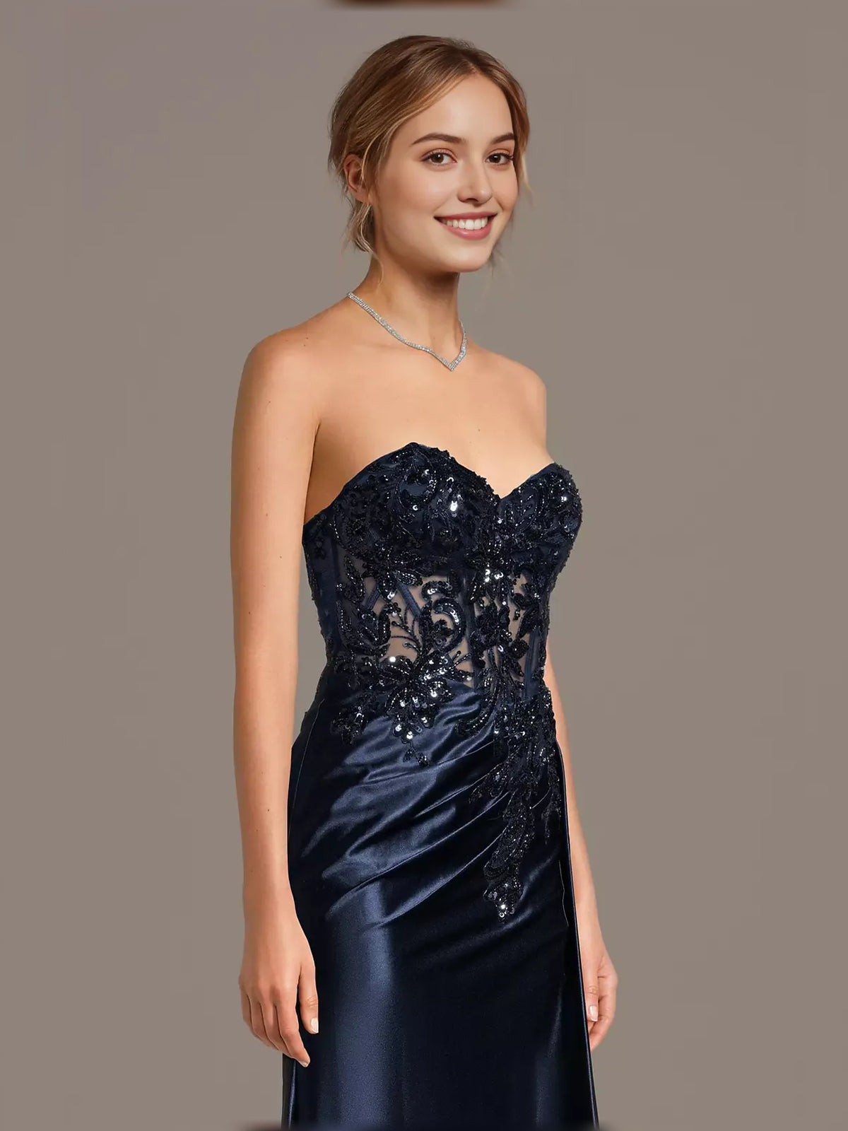 Navy Blue mermaid floor-length formal dress with draping, alternate view