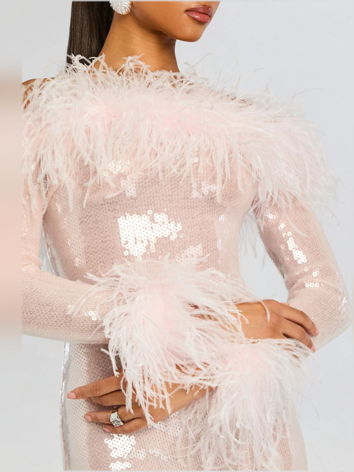 Pink midi formal dress with sequins, alternate view showing the bodice