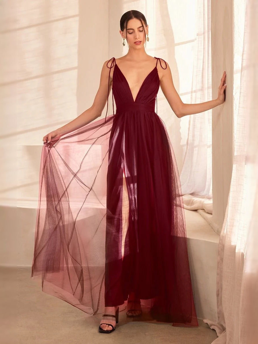 Burgundy maxi prom dress, alternate view showing the dress shape and hem