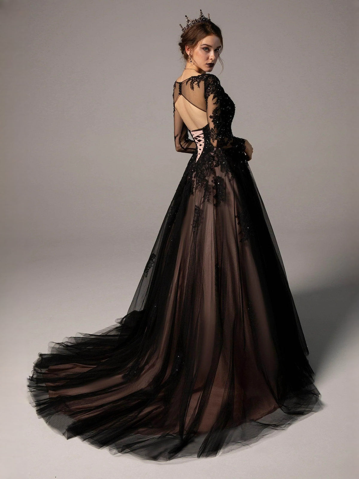 Black floor-length wedding dress, alternate view showing the dress shape and hem