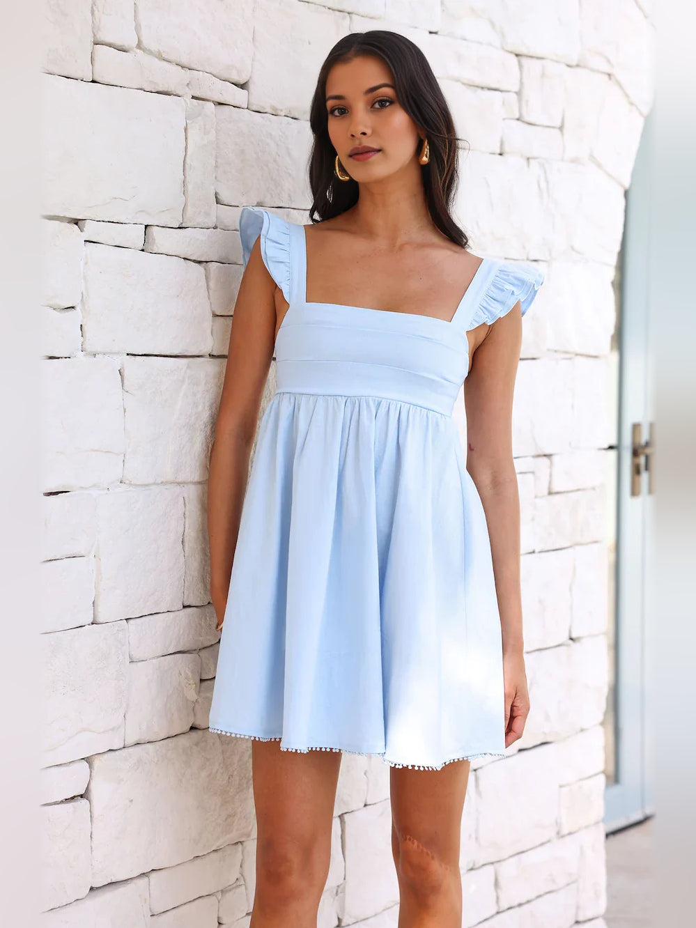 Light Blue mini homecoming dress, alternate view showing the dress shape and hem