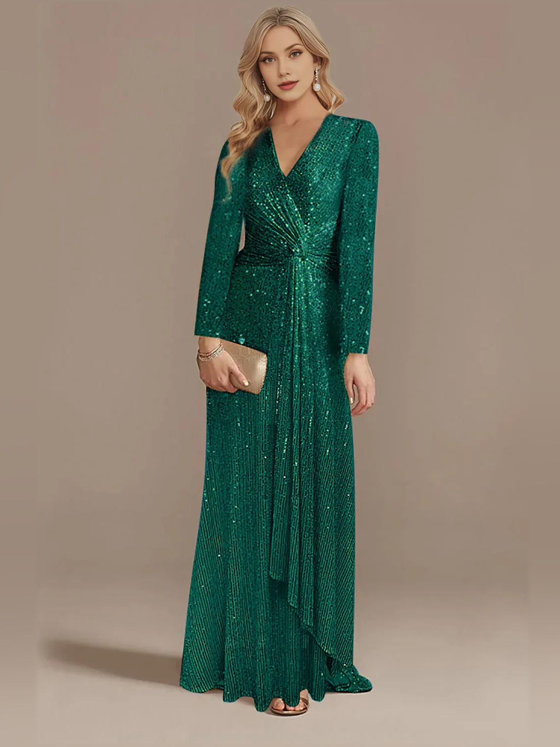 Dark Green sheath floor-length formal dress with draping, alternate view