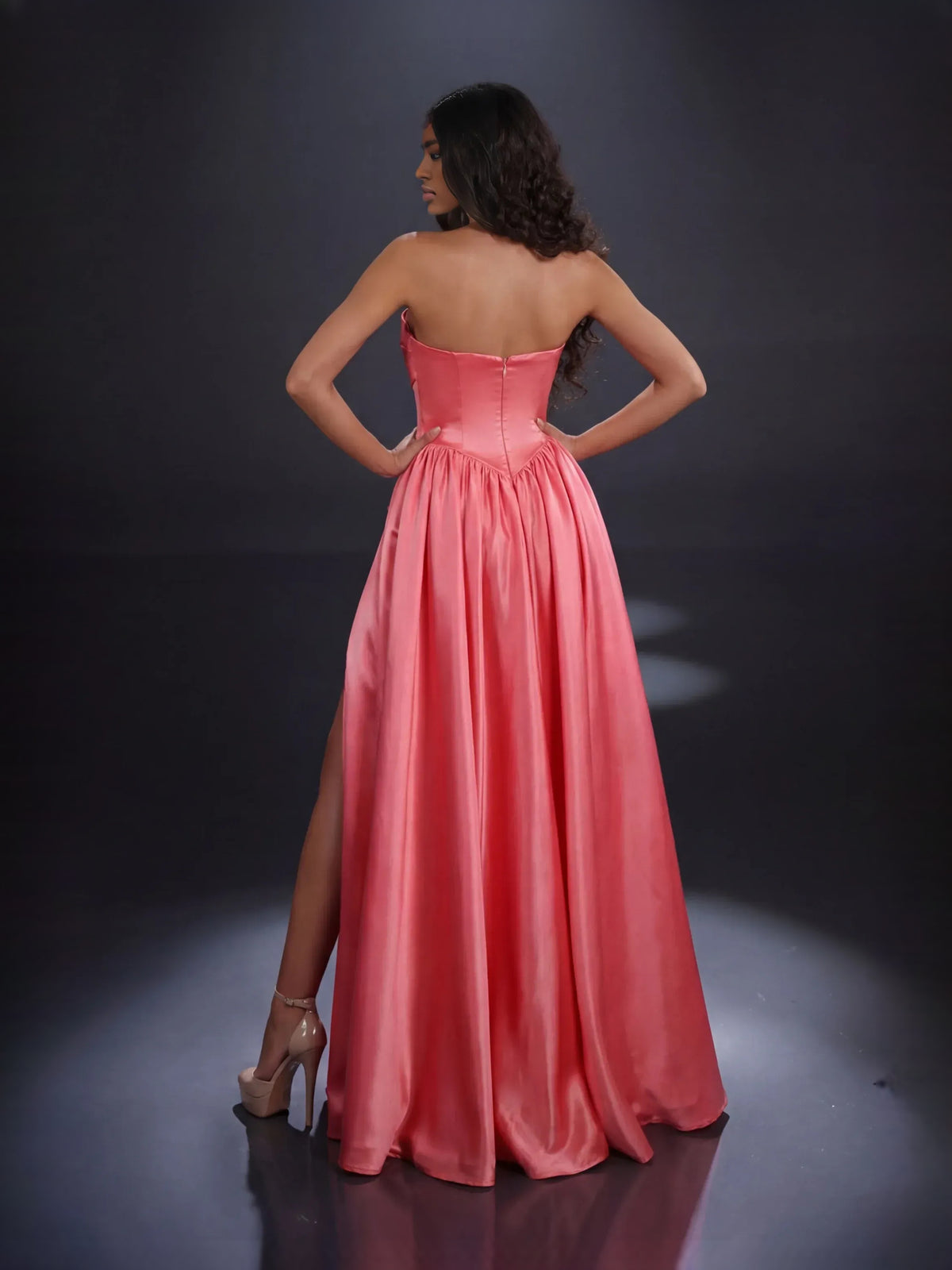 Watermelon floor-length prom dress, alternate view showing the dress shape and hem